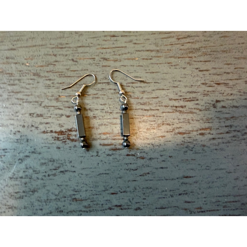 Handmade Hematite Gray Bar Dangle Earrings Silver Tone Fishhook Minimalist Drop